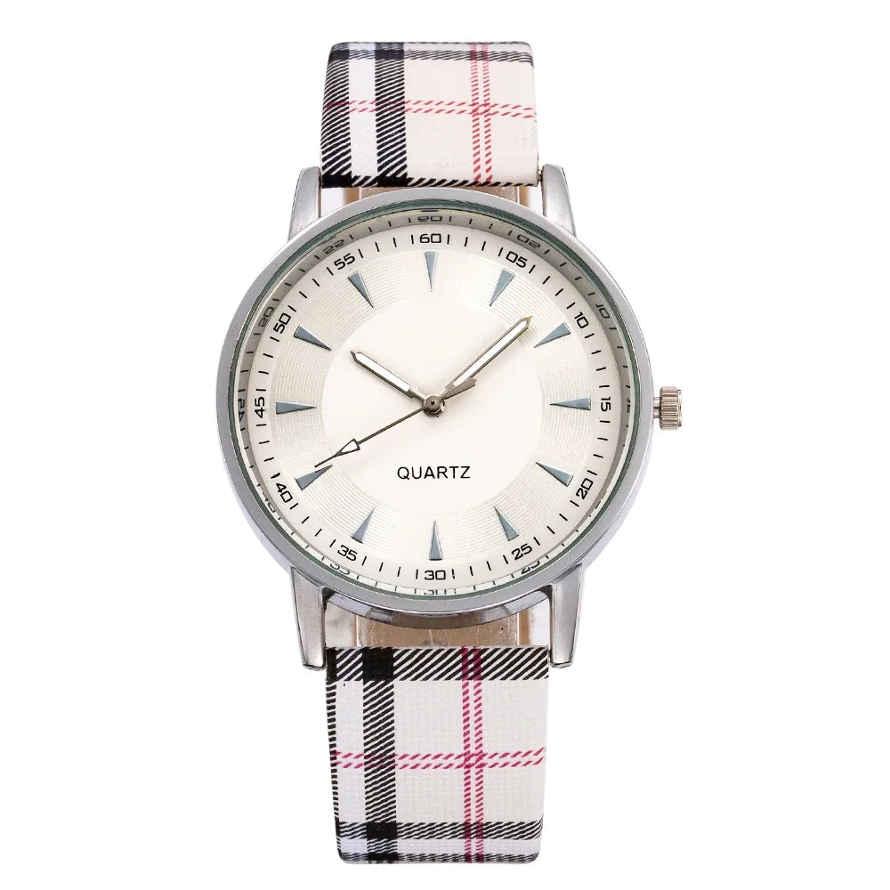 Vintage Plaid Leather Strap Quartz Wristwatches Watch