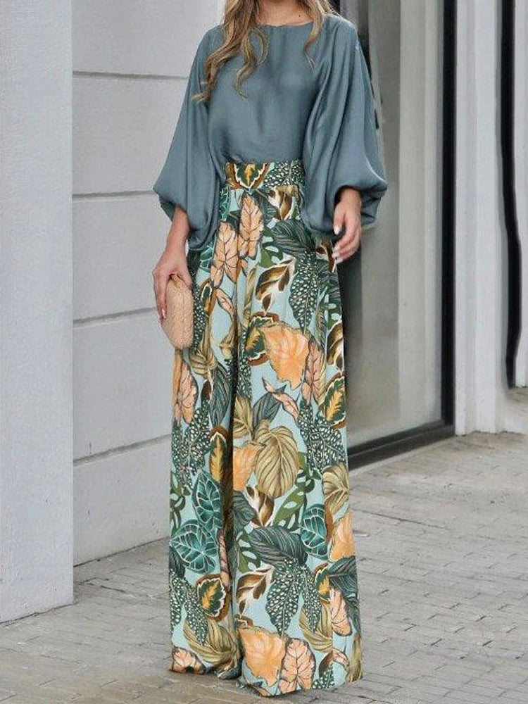 Autumn Solid Long Sleeve T-shirts & Digital Print Wide Leg Pants Set