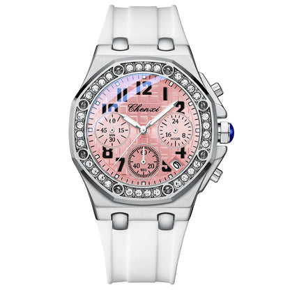 Diamond Dial Quartz Chronograph Luminous Waterproof Silicone Sports Watches