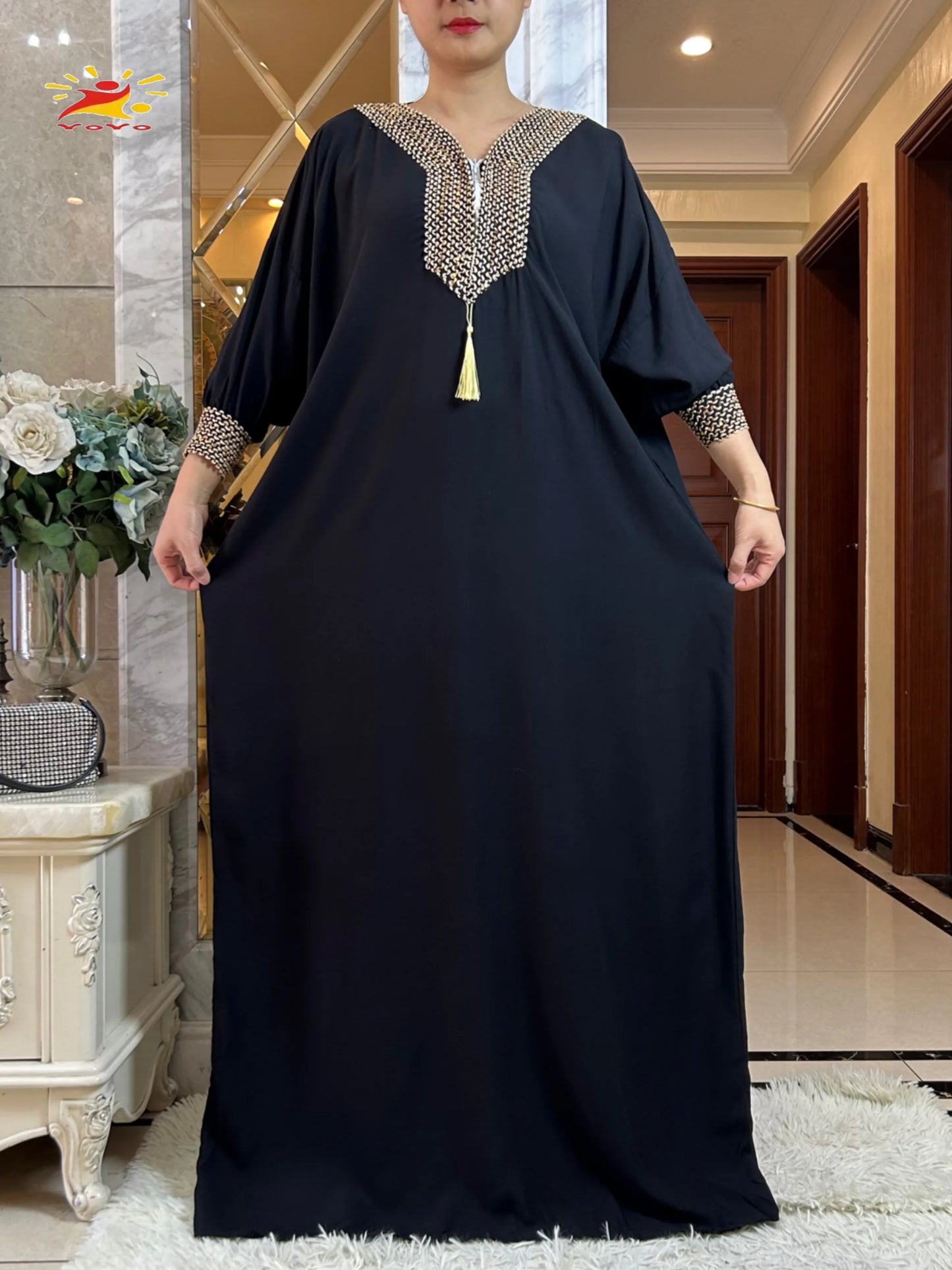Muslim Long Sleeve Cotton With Big Scarf African Abaya