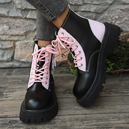 Sweet Pink Bowknot Mix Color Ankle Thick Bottom Lace Up Boots