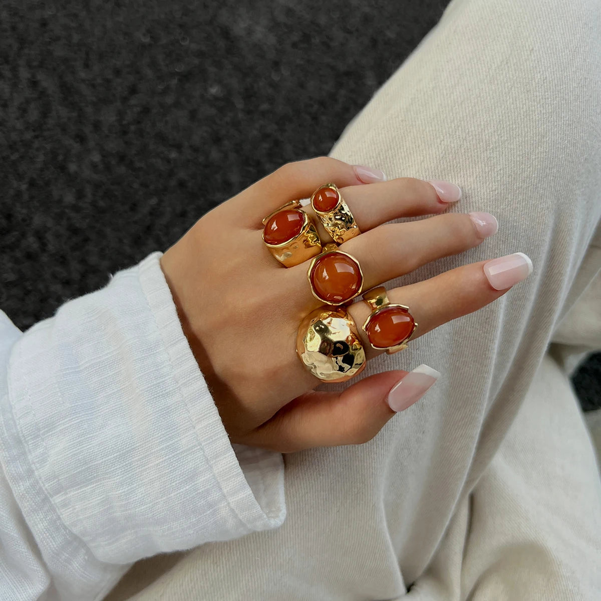 5 Pcs/Set Vintage Exquisite Inlay Acrylic Rhinestone Ring Chunky Thick Rings