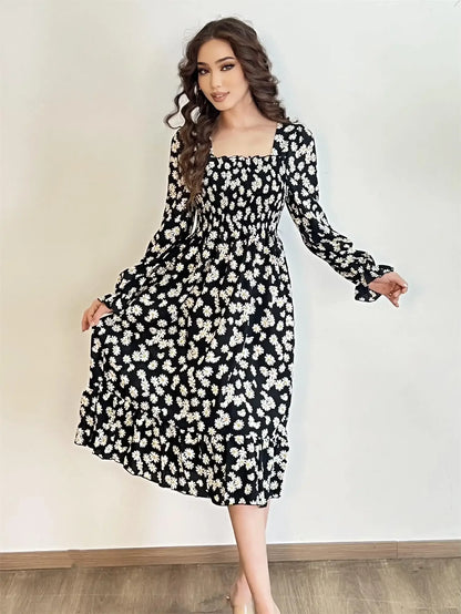 Long Sleeve Casual Chiffon Floral Elastic Chest Lace Up Midi Dress