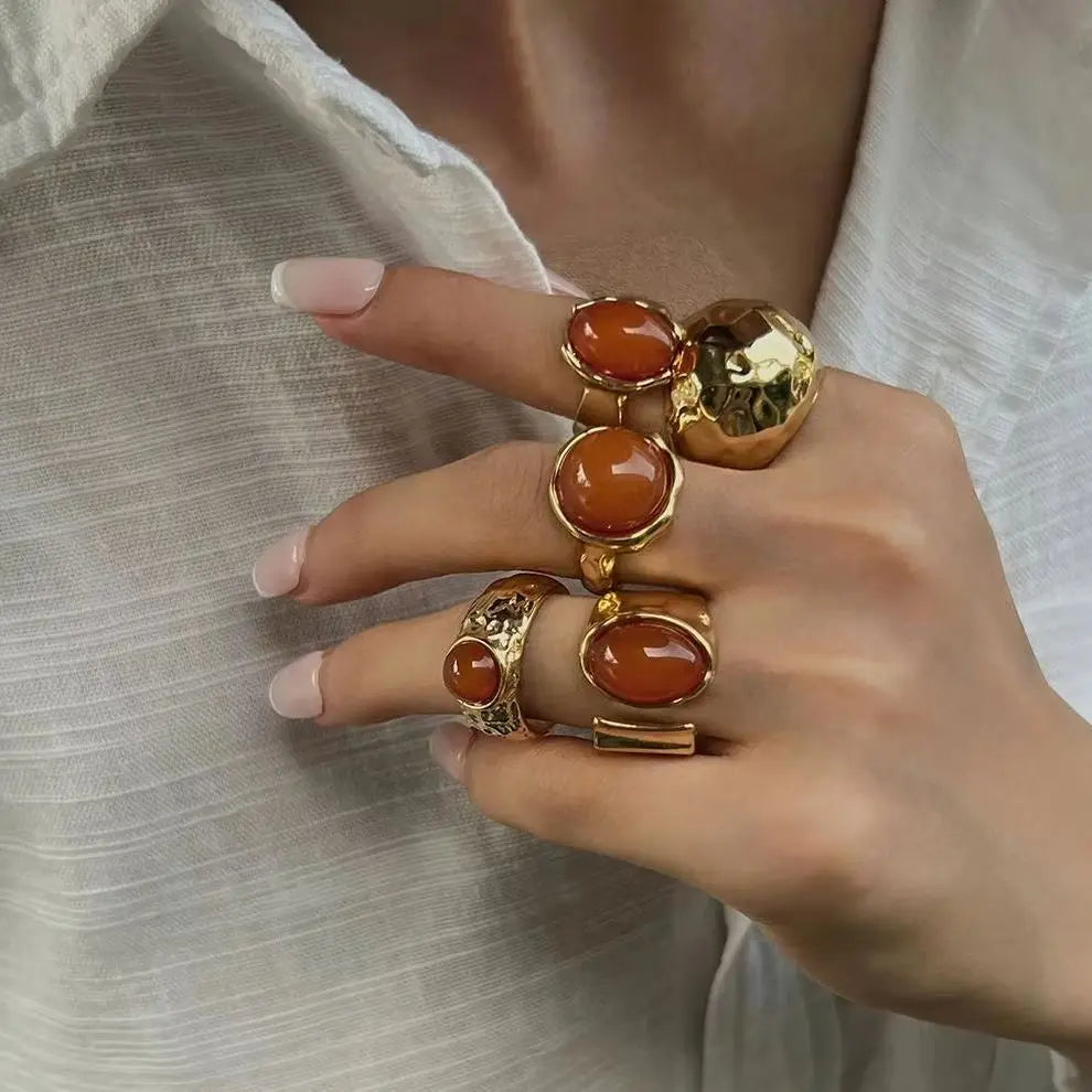 5 Pcs/Set Vintage Exquisite Inlay Acrylic Rhinestone Ring Chunky Thick Rings