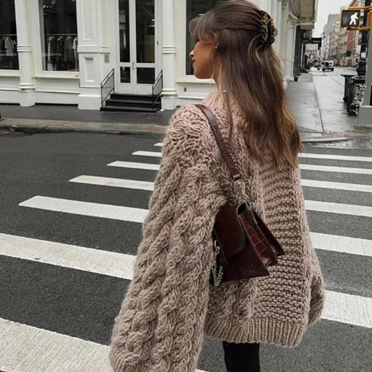 Oversize Knit Pullover Casual Lazy Round Neck Kink Solid Sweater