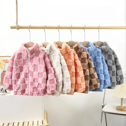 Plaid Pattern Fleece Coat Thick Cardigan with Zipper Stand Cozy Winter Coat