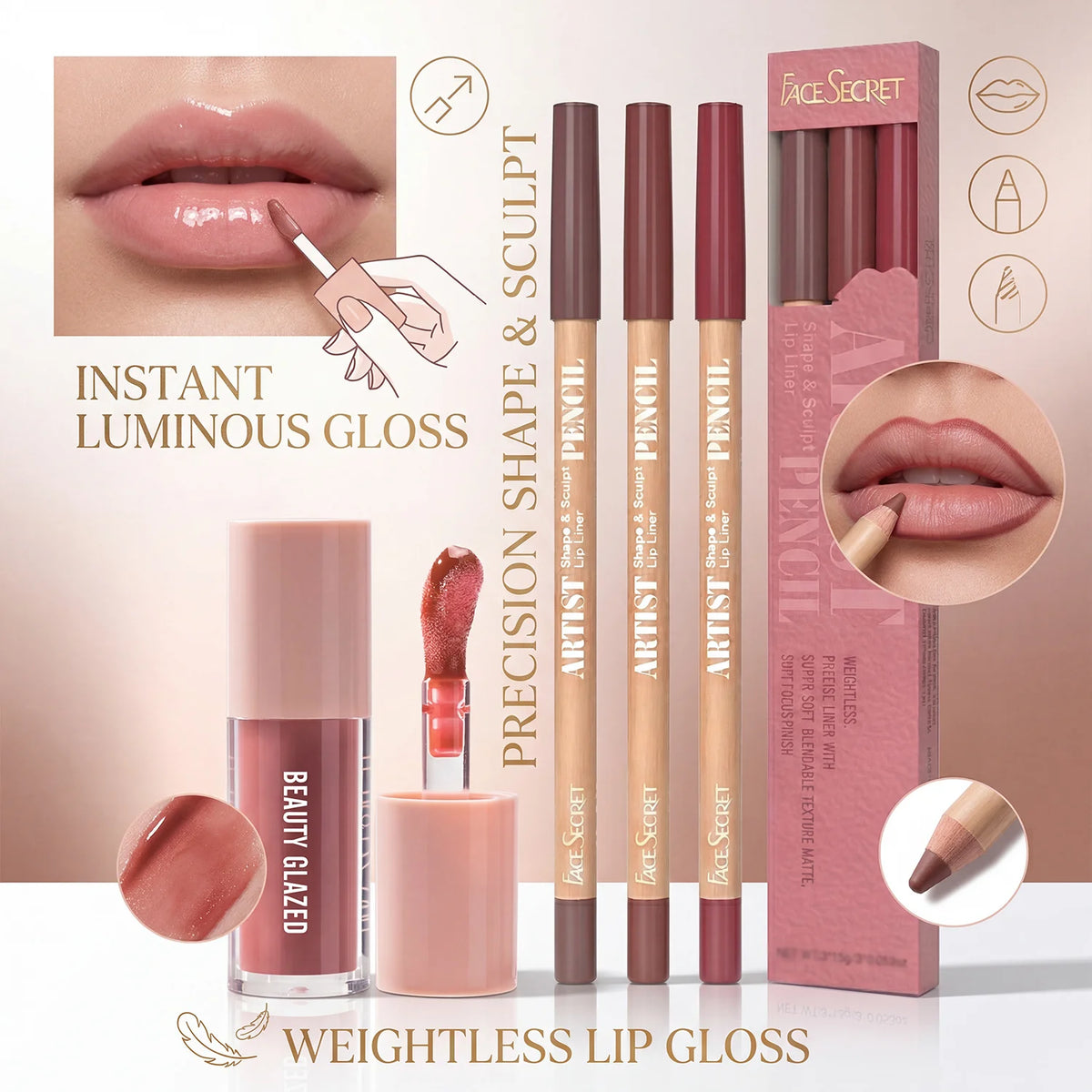 4Pcs Lip Liner & Lip Gloss Set Waterproof Long-lasting