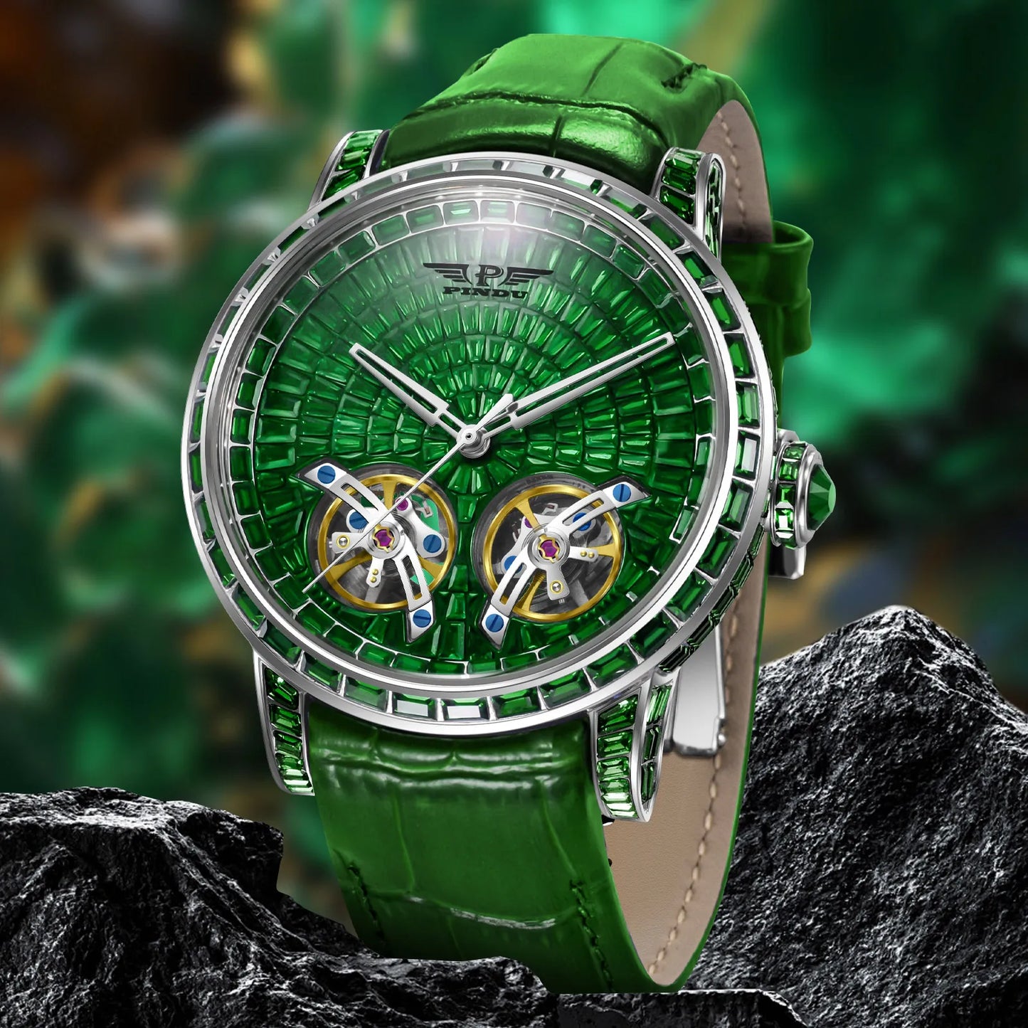 Diamond Mechanical Top Luxury Double Flying Wheel Waterproof Watch Leather