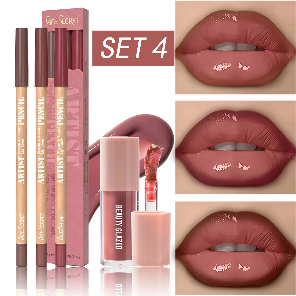 4Pcs Lip Liner & Lip Gloss Set Waterproof Long-lasting