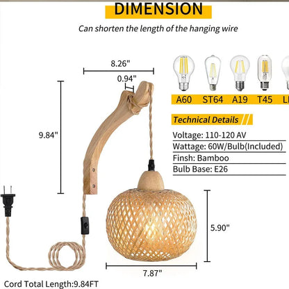 Bamboo Lantern Wall Lamp Natural Rattan Wicker Wall Light