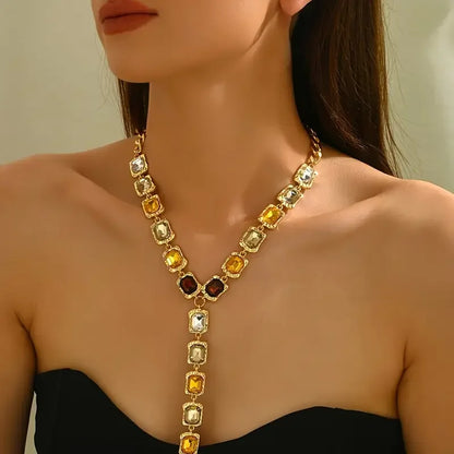 Y-Shaped Long Chunky Chain with Geometric Pendant Bohemian Necklace