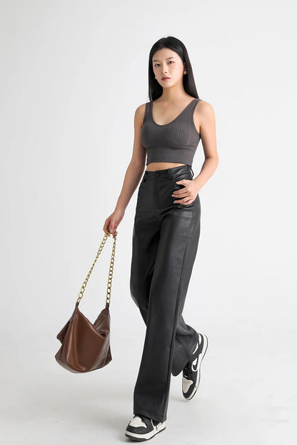 Fall Winter Fleece Loose Wide Leg Leather Pants