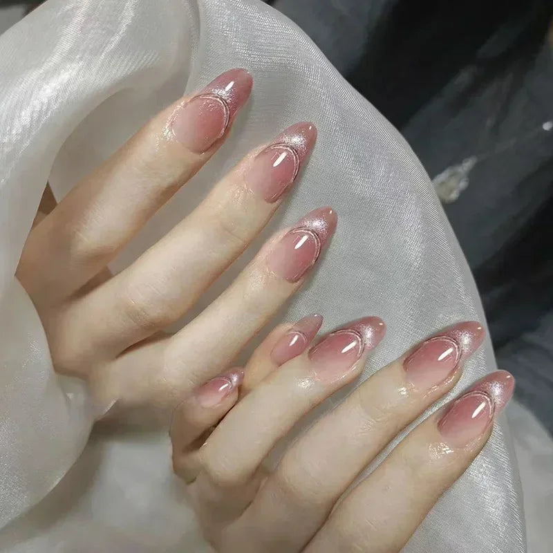 24pcs/Box Long Coffin False Nails Art Rose with Glue Wearable Jelly Nails