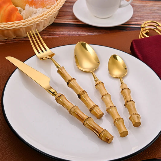Natural Bamboo Handle Cutlery Set Stainless Steel Tableware Set