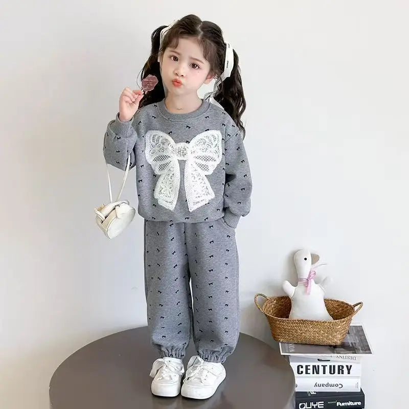 Fleece Autumn Winter Bow Print Sweatshirt+Pants Velvet Warm Set