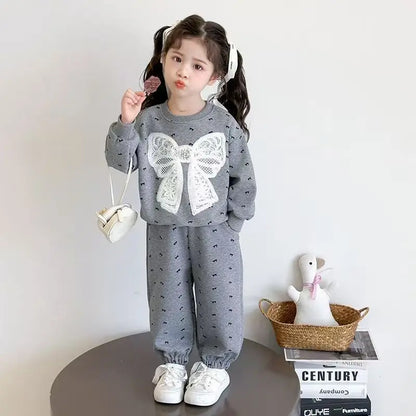 Fleece Autumn Winter Bow Print Sweatshirt+Pants Velvet Warm Set