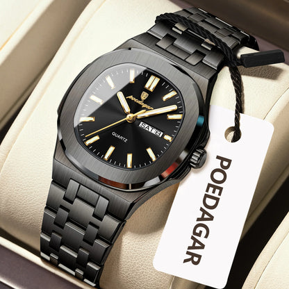 Square Date Week Waterproof Luminous Stainless Steel Quartz Watches