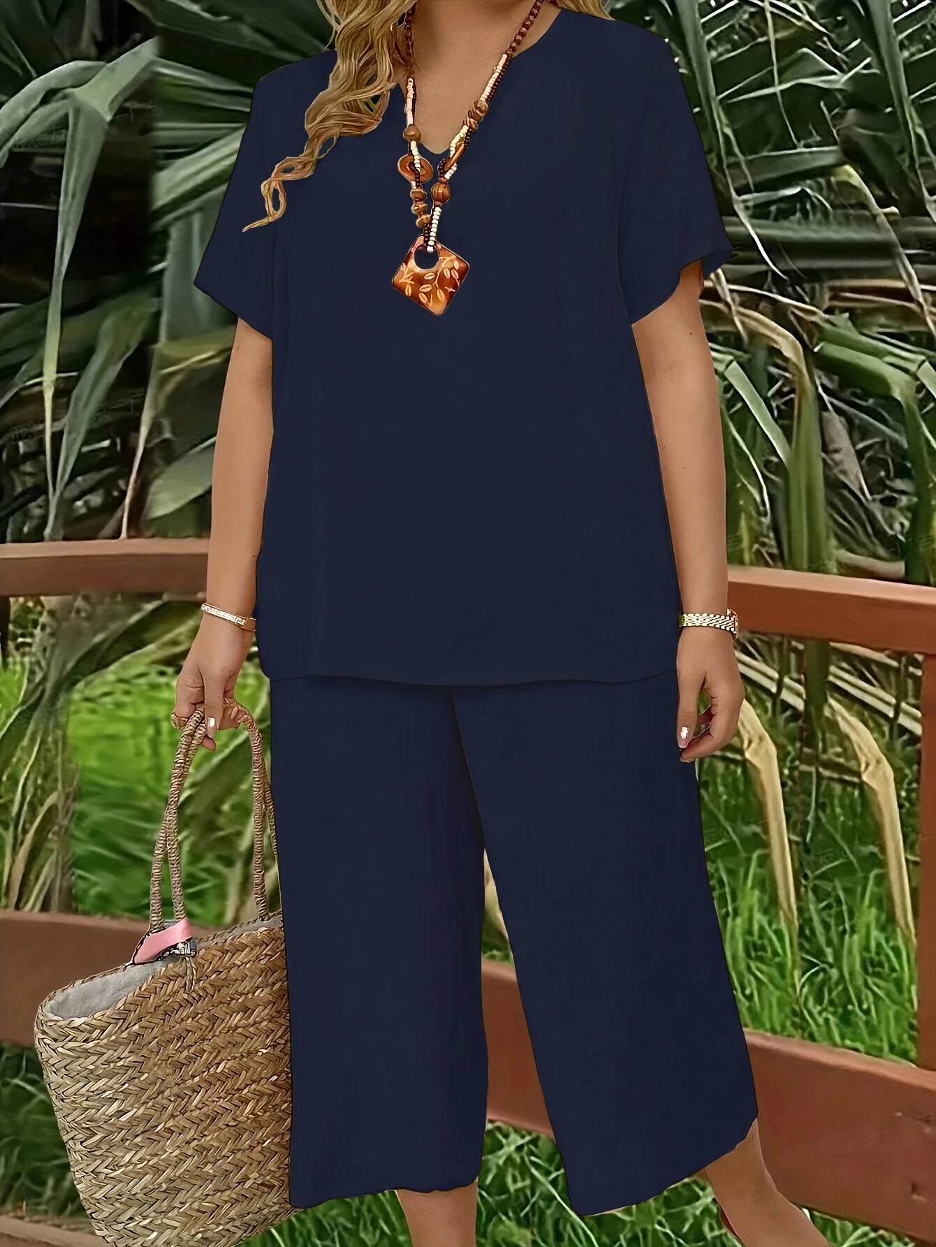 Plus size casual elegant short-sleeved top and wide-leg pants