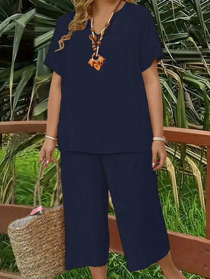 Plus size casual elegant short-sleeved top and wide-leg pants