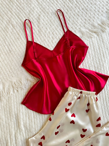 V Neck Heart Printed long Pants Casual Sleepwear Set