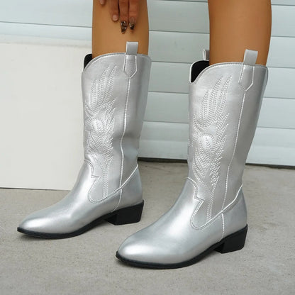 Gold Mid-calf Silver Western Cowboy Plus Size 36-43 Boots