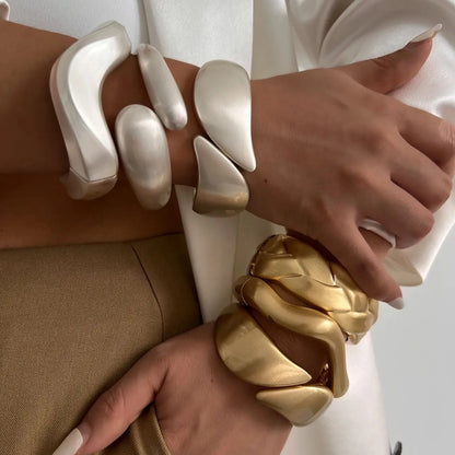 Matte Gold Wave Water Drop Wide Cuff Bracelet