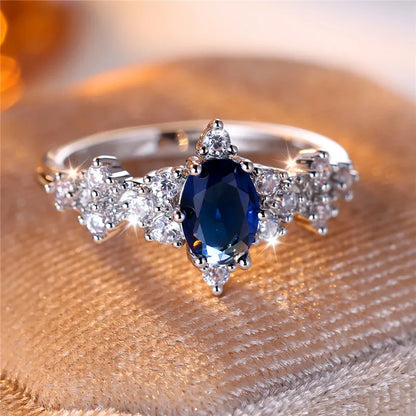 Cute Blue Oval Zircon Stone Vintage Silver Rings