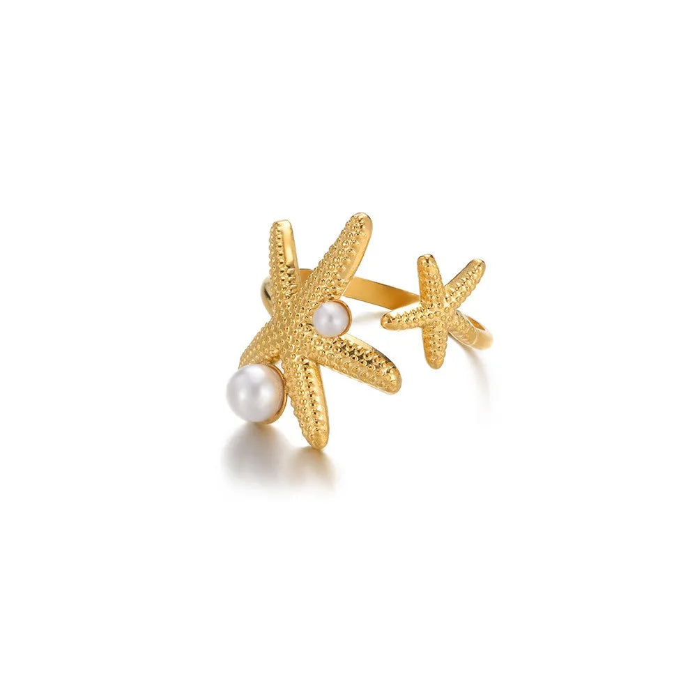 Stainless Steel Starfish Open Rings Gold Geometric Adjustable Ring