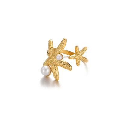 Stainless Steel Starfish Open Rings Gold Geometric Adjustable Ring
