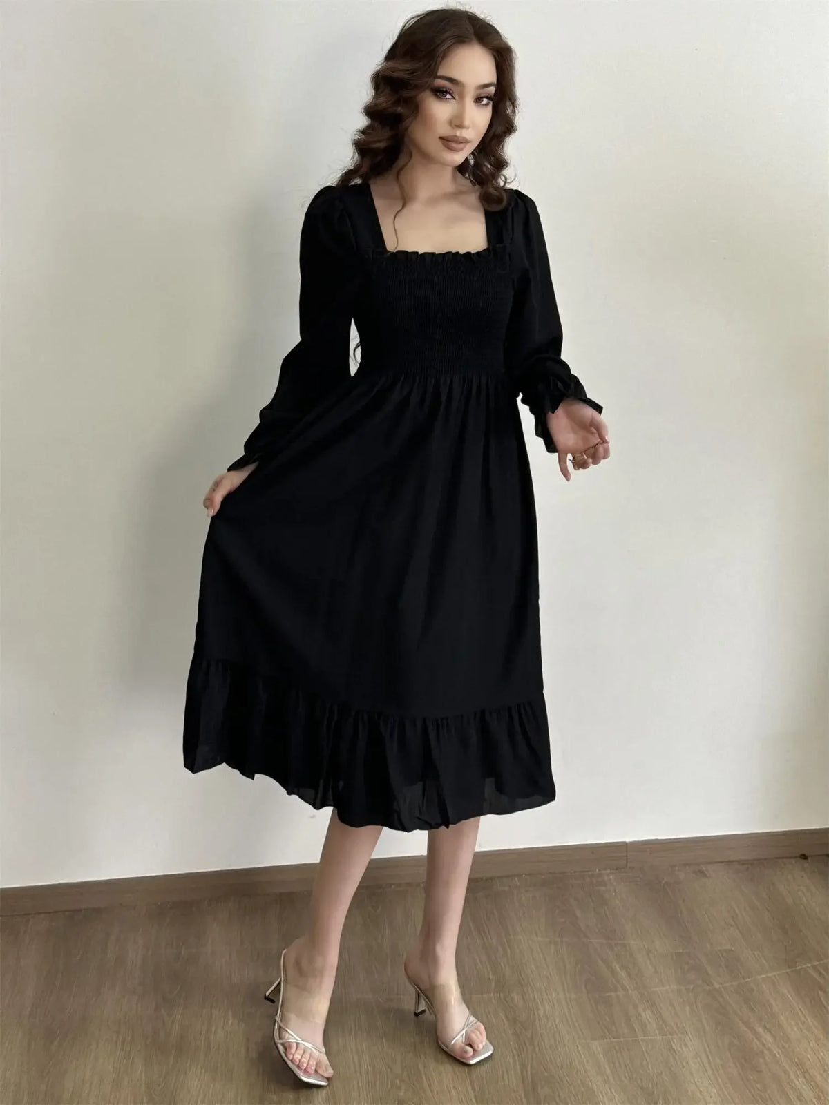Long Sleeve Casual Chiffon Floral Elastic Chest Lace Up Midi Dress