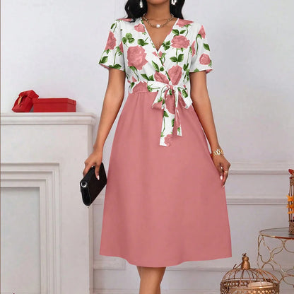 Floral Print V-Neck Tie Waist Midi Dress