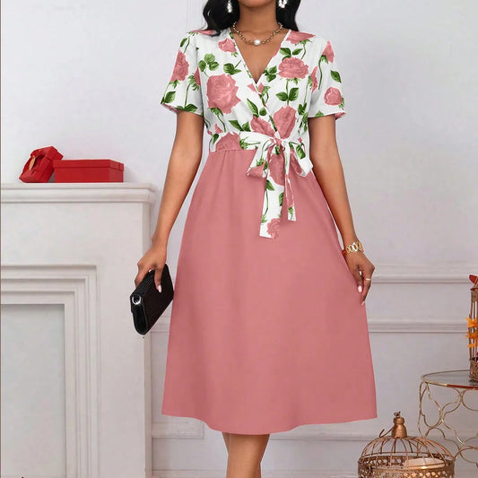 Floral Print V-Neck Tie Waist Midi Dress