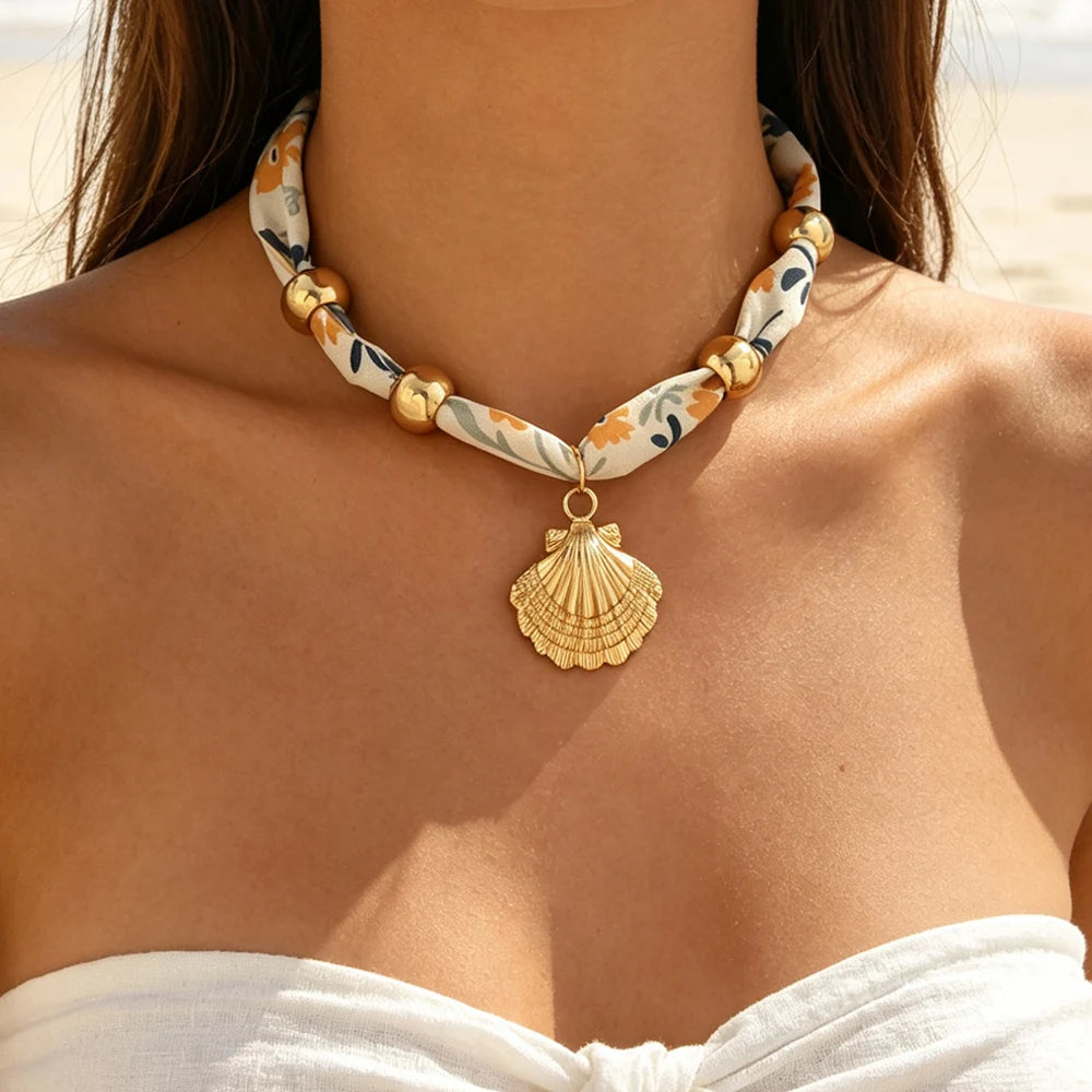Boho Printed Fabric Choker Gold Starfish Shell Cowrie Necklace