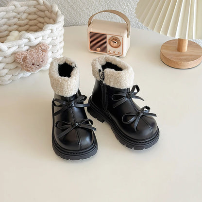 Round Toe Cute Bow Zipper Short Warm Snow Boots