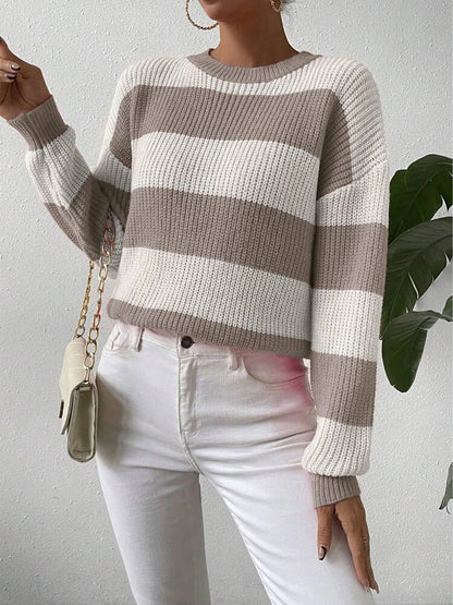 Autumn and Winter Contrasting Striped Round Neck Pullover Knitted Sweater
