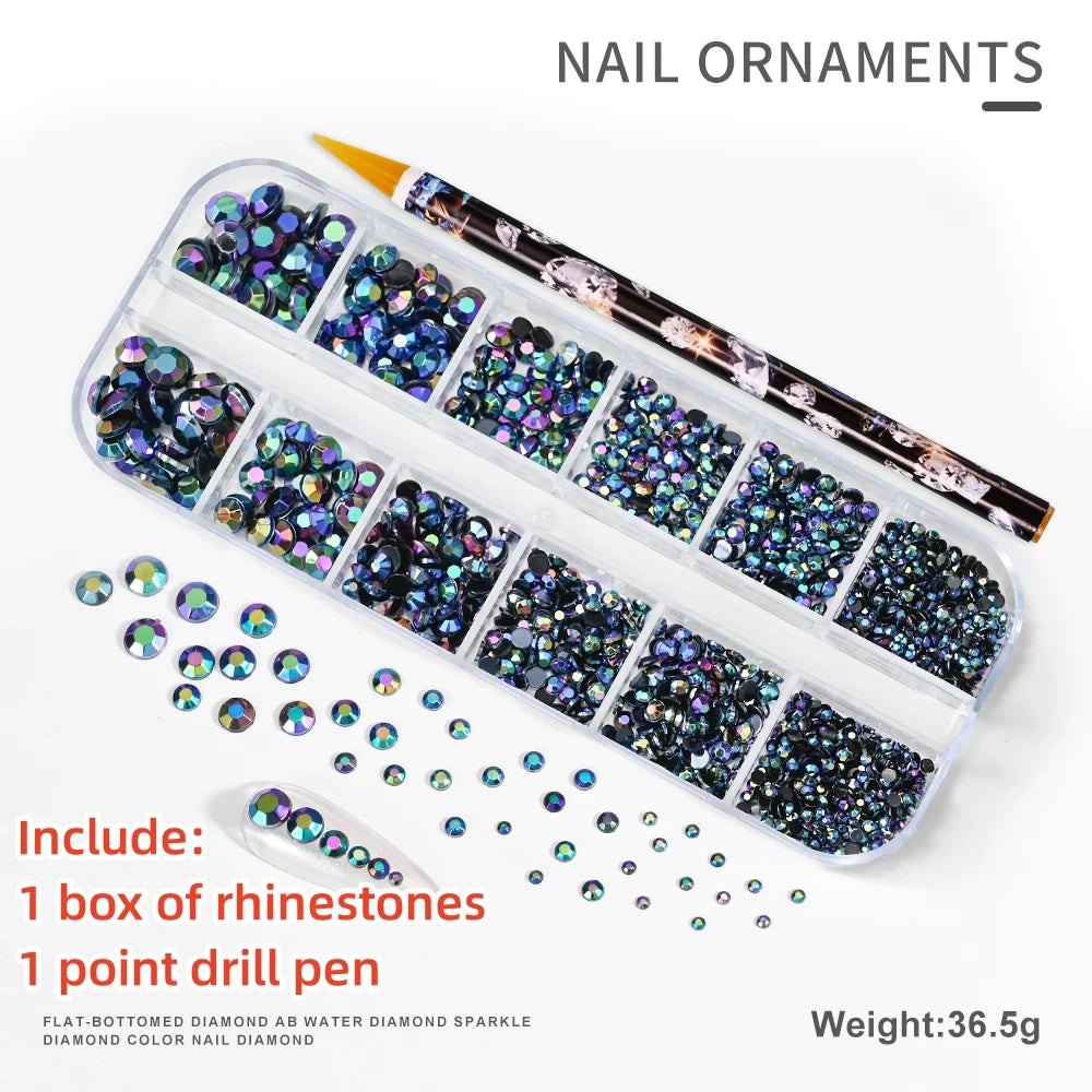 12Gird 3D Glass AB Crystal Nail Art Rhinestones Kit