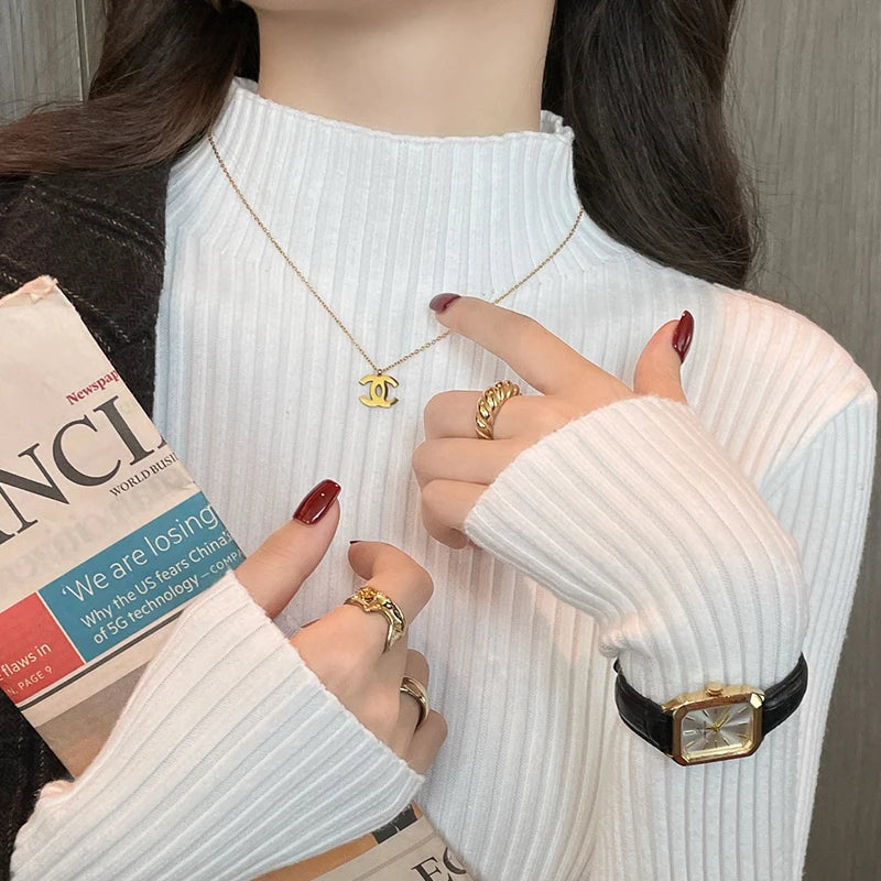 Knitted Long Sleeve Mock Neck White Knit Tops Sweaters
