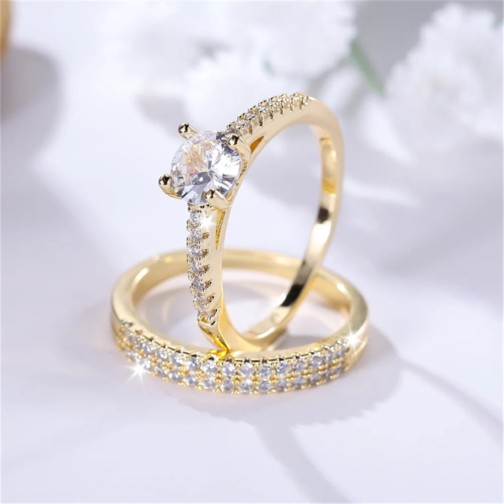 2pcs Small Round White Zircon Stone Ring Set