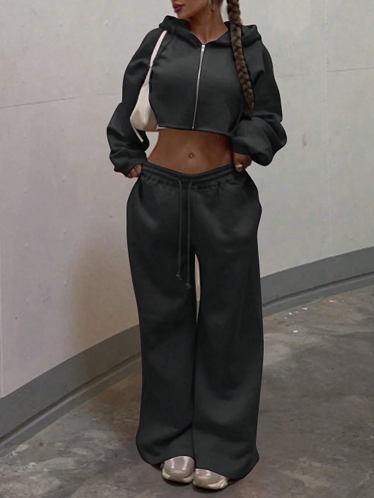 Zip-up Cropped Sweatshirt and Long Pants Casual Hoodies Sweatpants Set