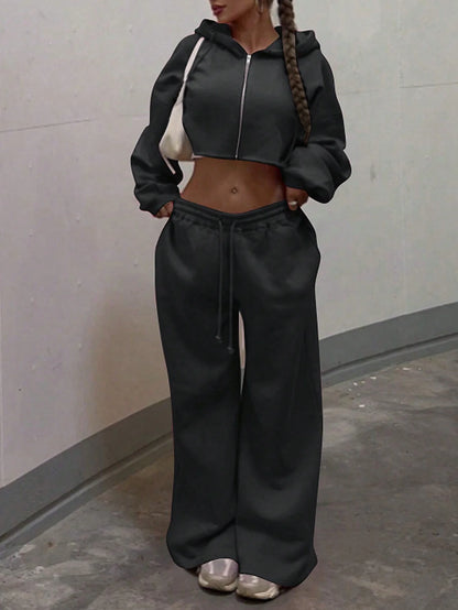 Zip-up Cropped Sweatshirt and Long Pants Casual Hoodies Sweatpants Set