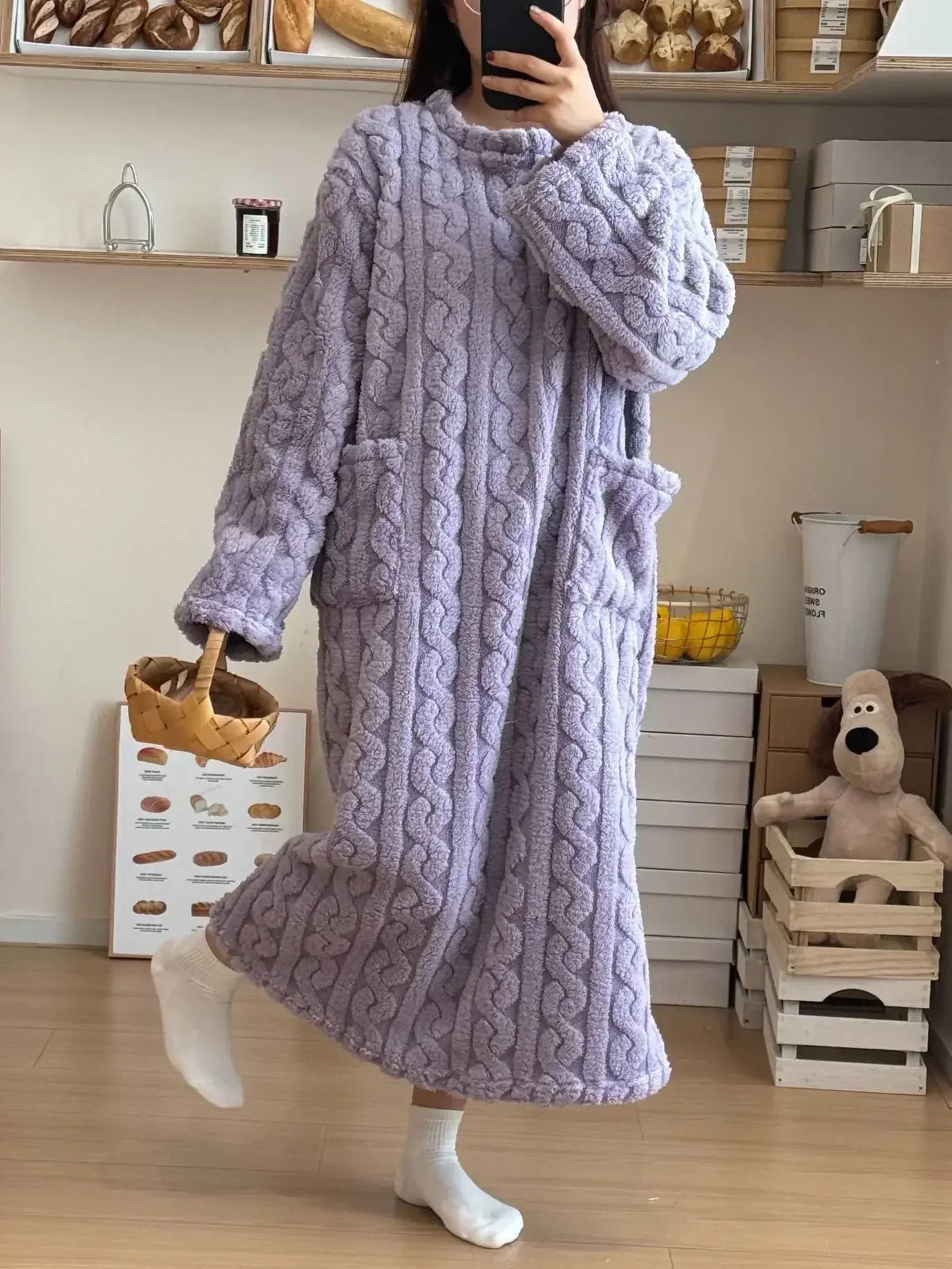 Long Sleeve Double Pocket Thickened Warm Nightdress