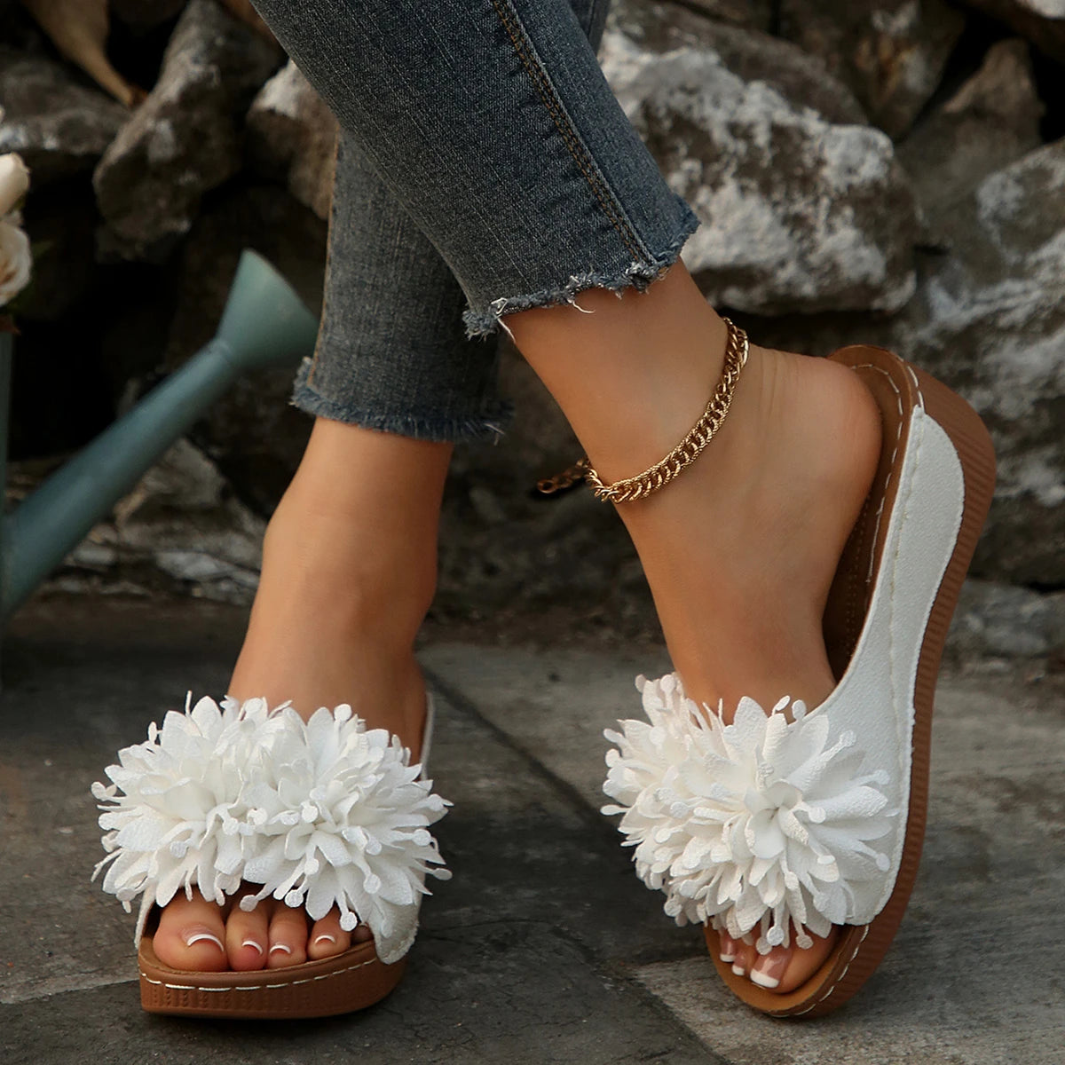 Flower Decoration Wedge Open Toe Slip Sole Sandals