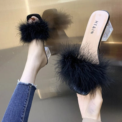 Fox Fur Chunky Flip Flops Sexy Home Slipper