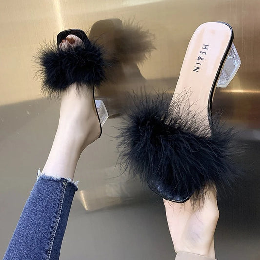 Fox Fur Chunky Flip Flops Sexy Home Slipper