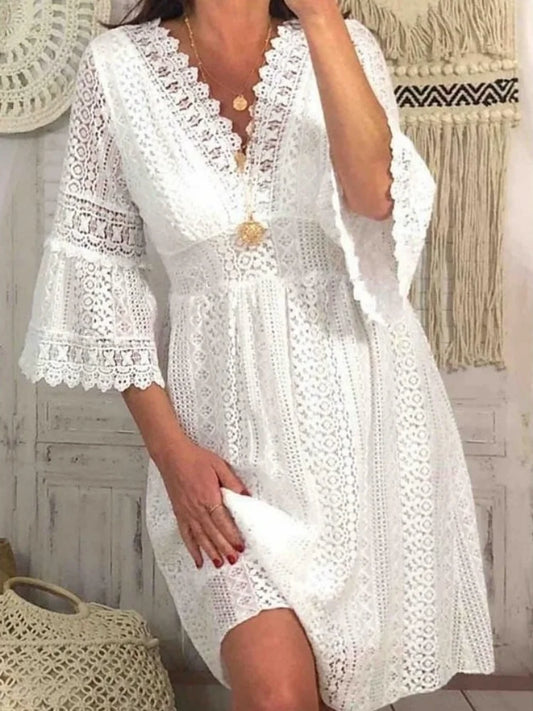 High Waist White Elegant Flare Sleeve Casual V-neck Dress