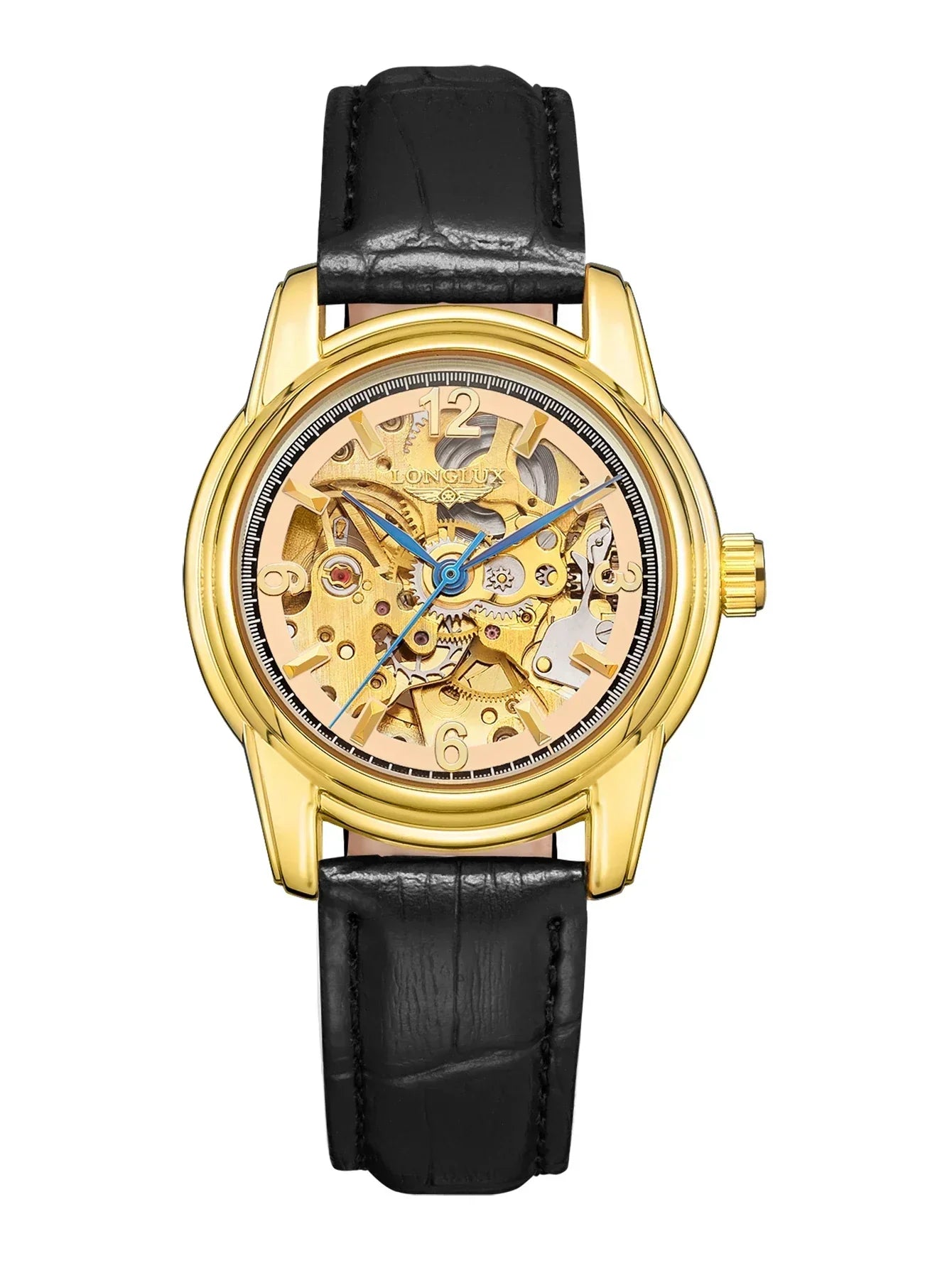 Gold skeleton watch with black leather strap and visible mechanical movement