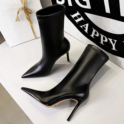 7.5cm 10cm High Heels Leather Short Ankle Boots