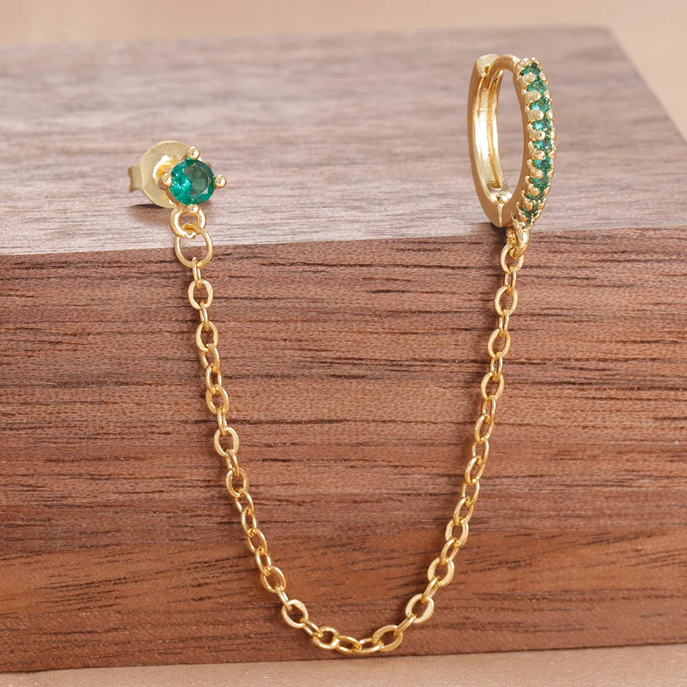Stainless Steel Gold Color Chain Dangle Drop Zirconia Earrings