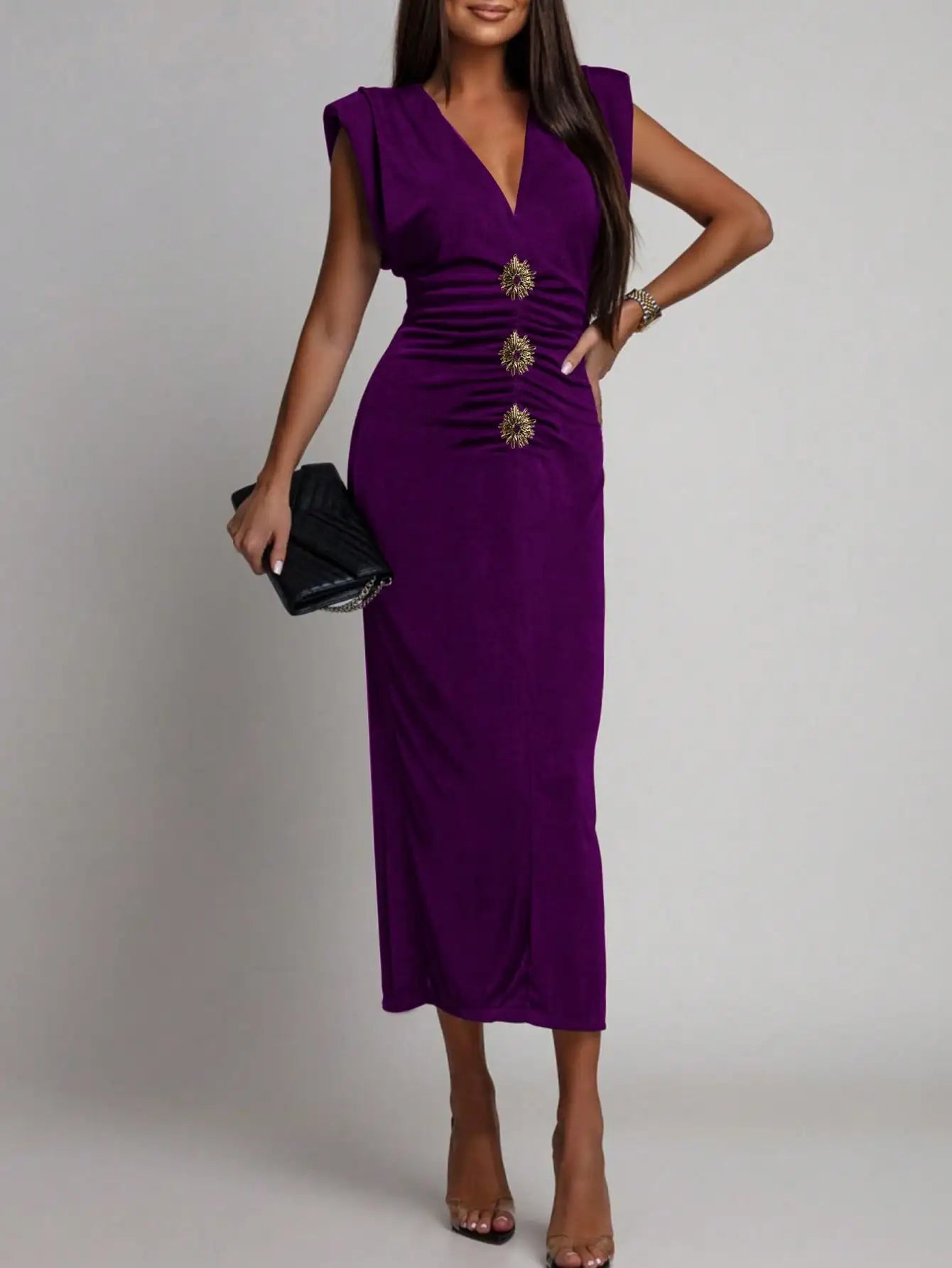 Solid Sleeveless Skinny Evening Midi Long Dress