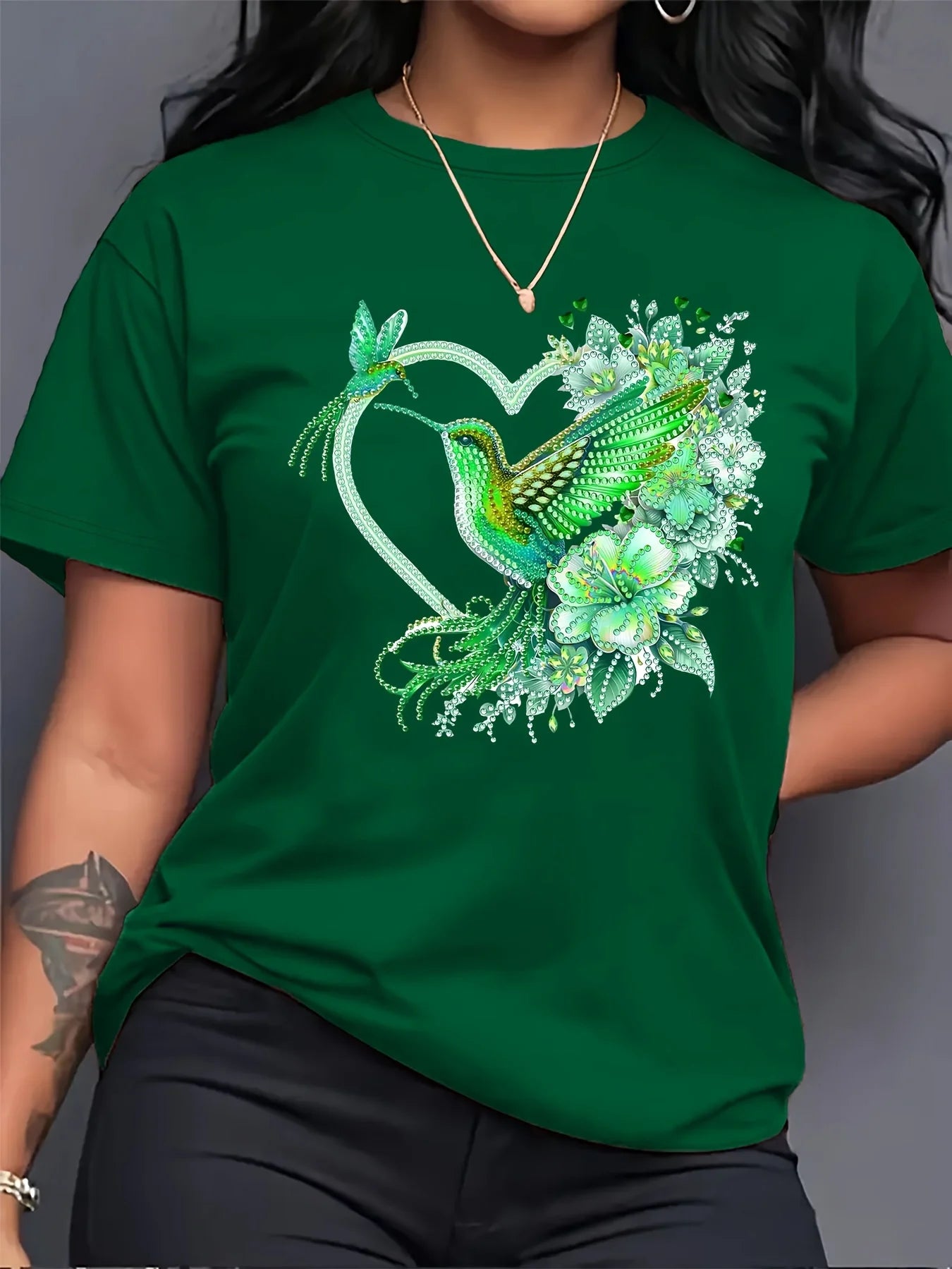 Floral Hummingbird Heart Boho Graphic T-Shirt